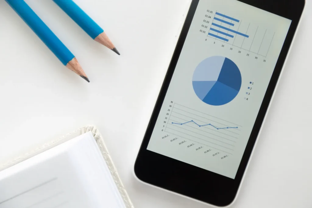 Dispositivo com dashboard de análise exibindo gráficos de barras, pizza e linhas ao lado de lápis e papel, sugerindo uso de GA4 e IA assistant para monitorar dados e insights.