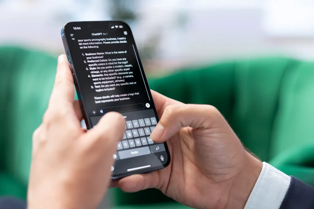Pessoa usando celular com interface de ChatGPT exibindo mensagens e texto de exemplo, com foco em prompts e respostas para anúncios no chatgpt.