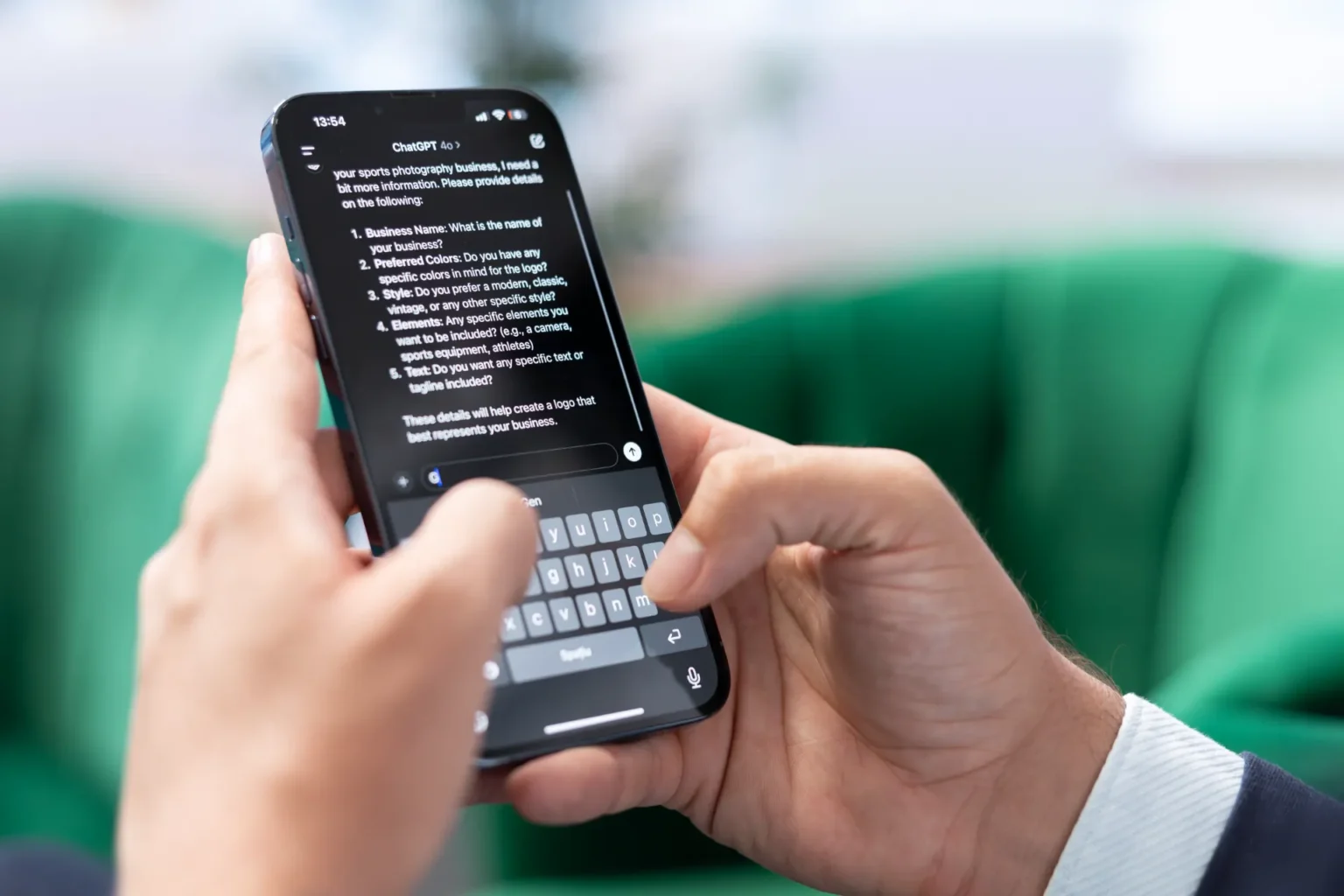 Pessoa usando celular com interface de ChatGPT exibindo mensagens e texto de exemplo, com foco em prompts e respostas para anúncios no chatgpt.