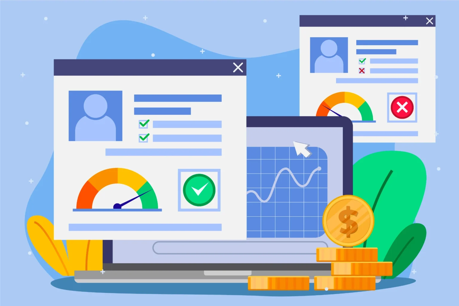 Ilustração de e-commerce com telas de anúncios e análise, incluindo gráficos, checklists e moedas, representando tráfego pago em campanhas para lojas online.