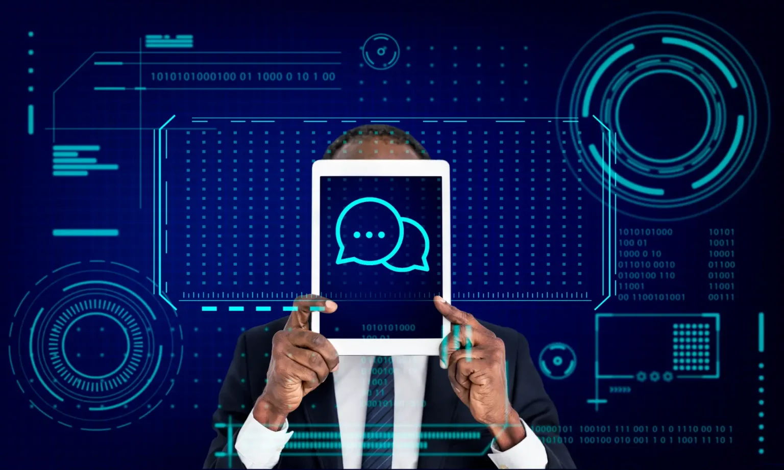 Ilustração futurista de um homem usando computador com um ícone de chat holográfico, cercado por circuitos e dados, sugerindo navegação agêntica e comunicação inteligente em ambiente digital.