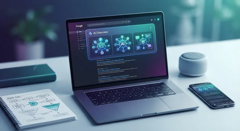 ai overview na tela de um notebook em um ambiente de trabalho moderno, com gráficos e conexões de inteligência artificial visíveis junto a celular e documentos sobre a mesa