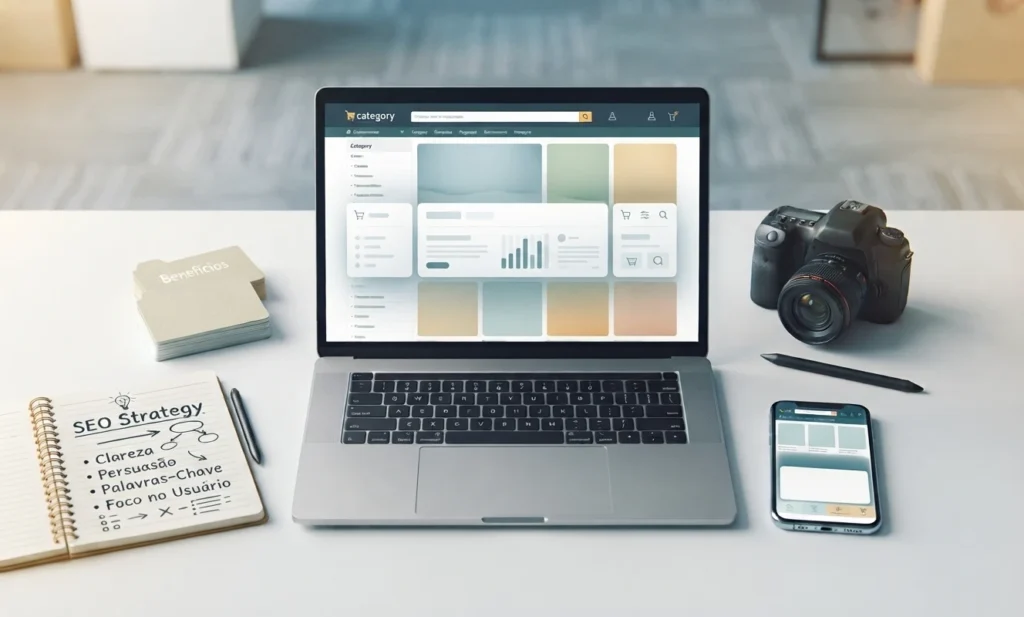 descrição de categoria seo: Notebook com página de Category e gráficos de dashboard aberto no computador, ao lado de celular, câmera e cadernos de planejamento de SEO strategy, em mesa de escritório.