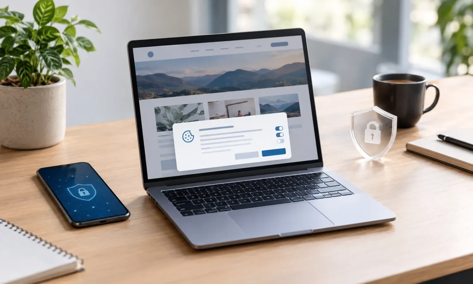Cookies e LGPD: notebook com tela de segurança e ícone de cookie ao centro, ao lado de celular com cadeado digital, em mesa de escritório com xícara e planta ao fundo