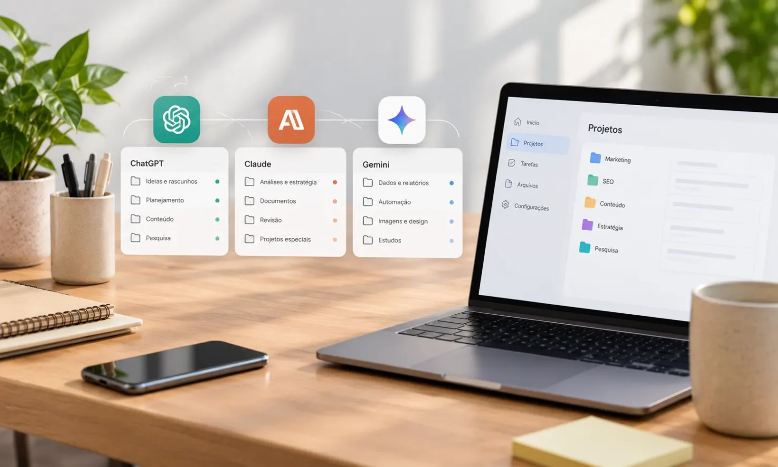 Mesa de escritório com laptop exibindo um painel de Projetos na IA e cartões com ferramentas como ChatGPT, Claude e Gemini para automação e estudo.