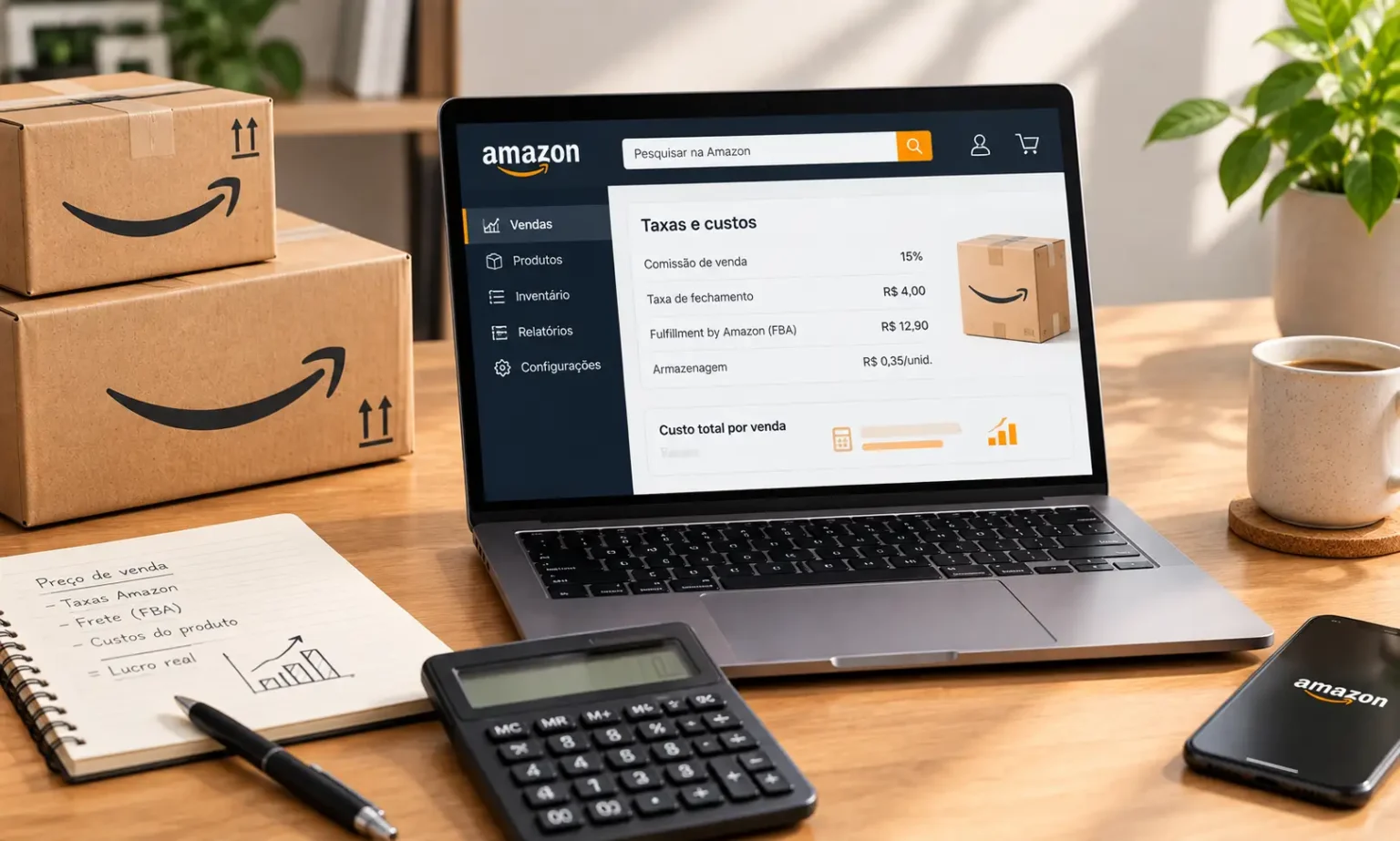 Notebook exibindo a tela da Amazon com “Taxas e custos” para calcular taxas da amazon, ao lado de calculadora, celular e caixas de entrega em uma mesa de trabalho.