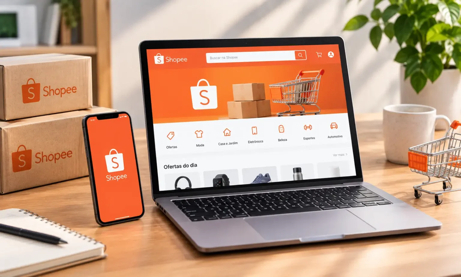 vender na shopee: Imagem de um notebook e um smartphone exibindo a interface do app Shopee, com caixas de encomendas e carrinho de compras sobre uma mesa, sugerindo compra e vendas online.